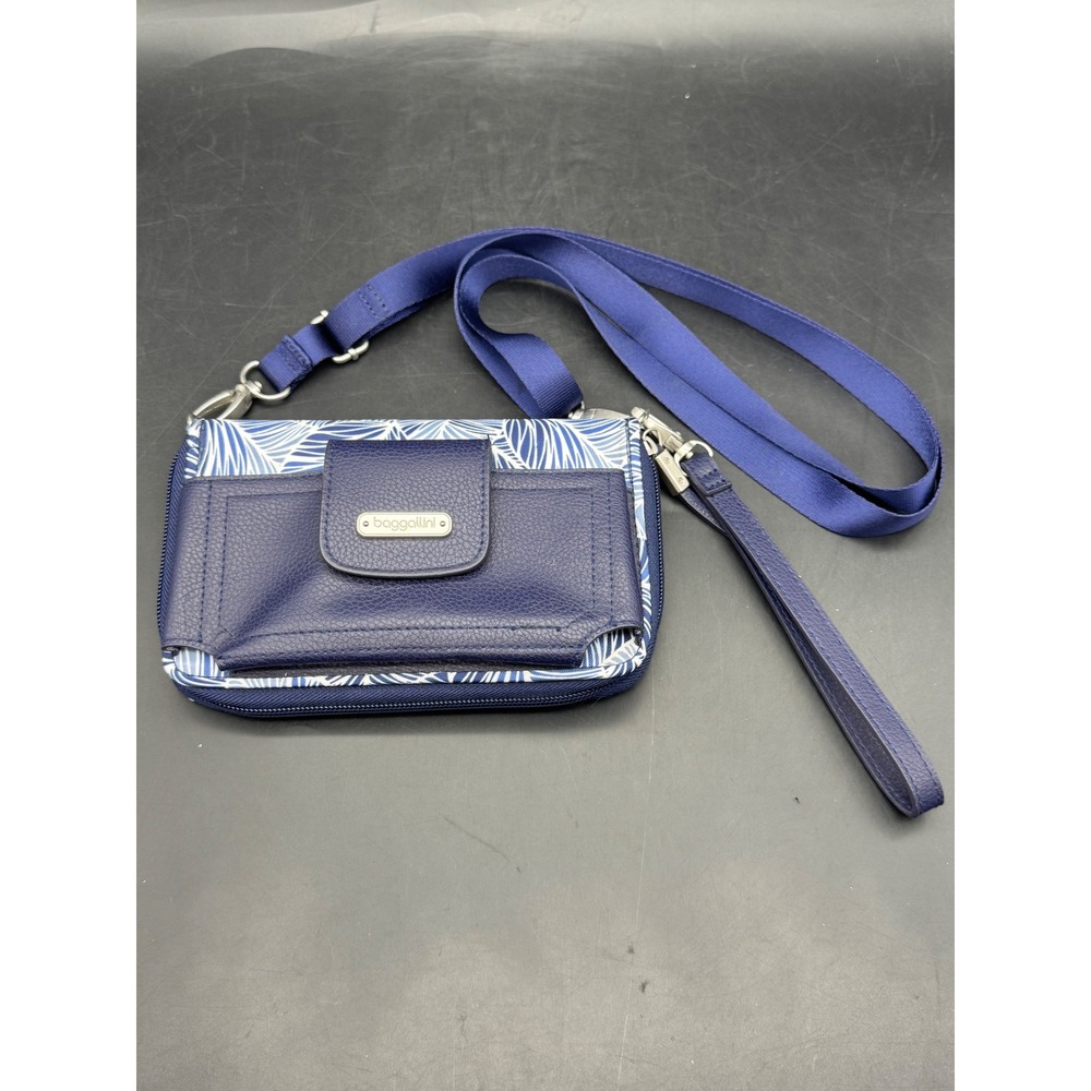Baggallini RFID Phone Wallet Crossbody Blue Leaf Print Travel Wristlet